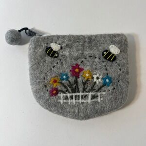 Handmade Felted Wool Flowers Fence Bees Applique Pouch Coin Purse 4 x 6"